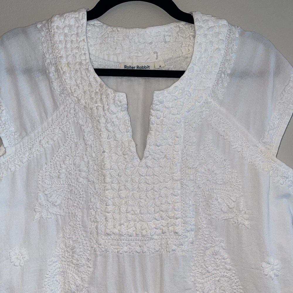 Roller Rabbit Cap Sleeve Split V-Neck Faith Embroidered Matching Shift Dress - Picture 3 of 5